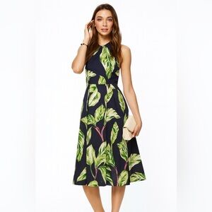 Ann Taylor Petite 0P Halter Midi Dress Navy Green Leaf Print Tropical Summer
